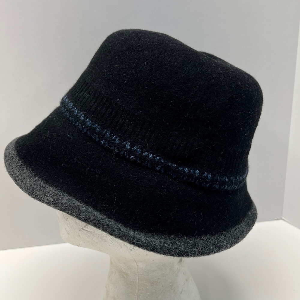 Black Wool Blend Bucket Hat Cloche With Grey Brim And Blue Stitching Adjustable - Picture 3 of 10